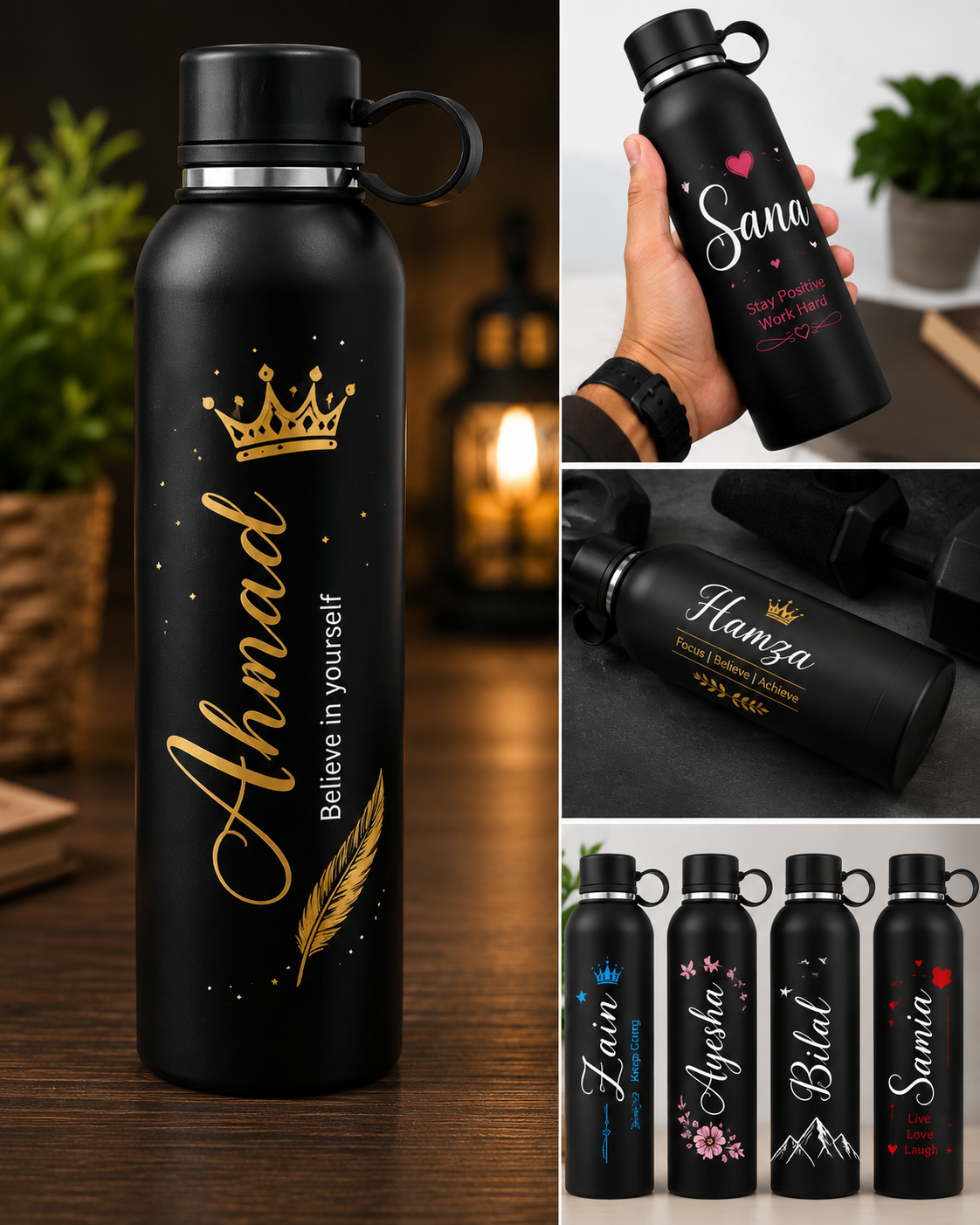Customized Black Water Bottle with Name – Personalized Stainless Steel Bottle